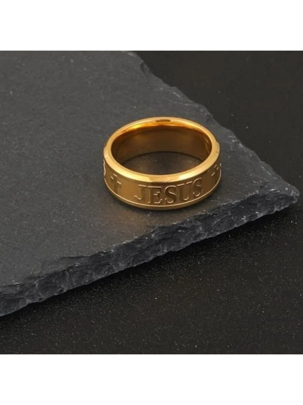 8mm Silver Black Gold Cross Ring - Engraved Lord's Prayer Christian Jewelry